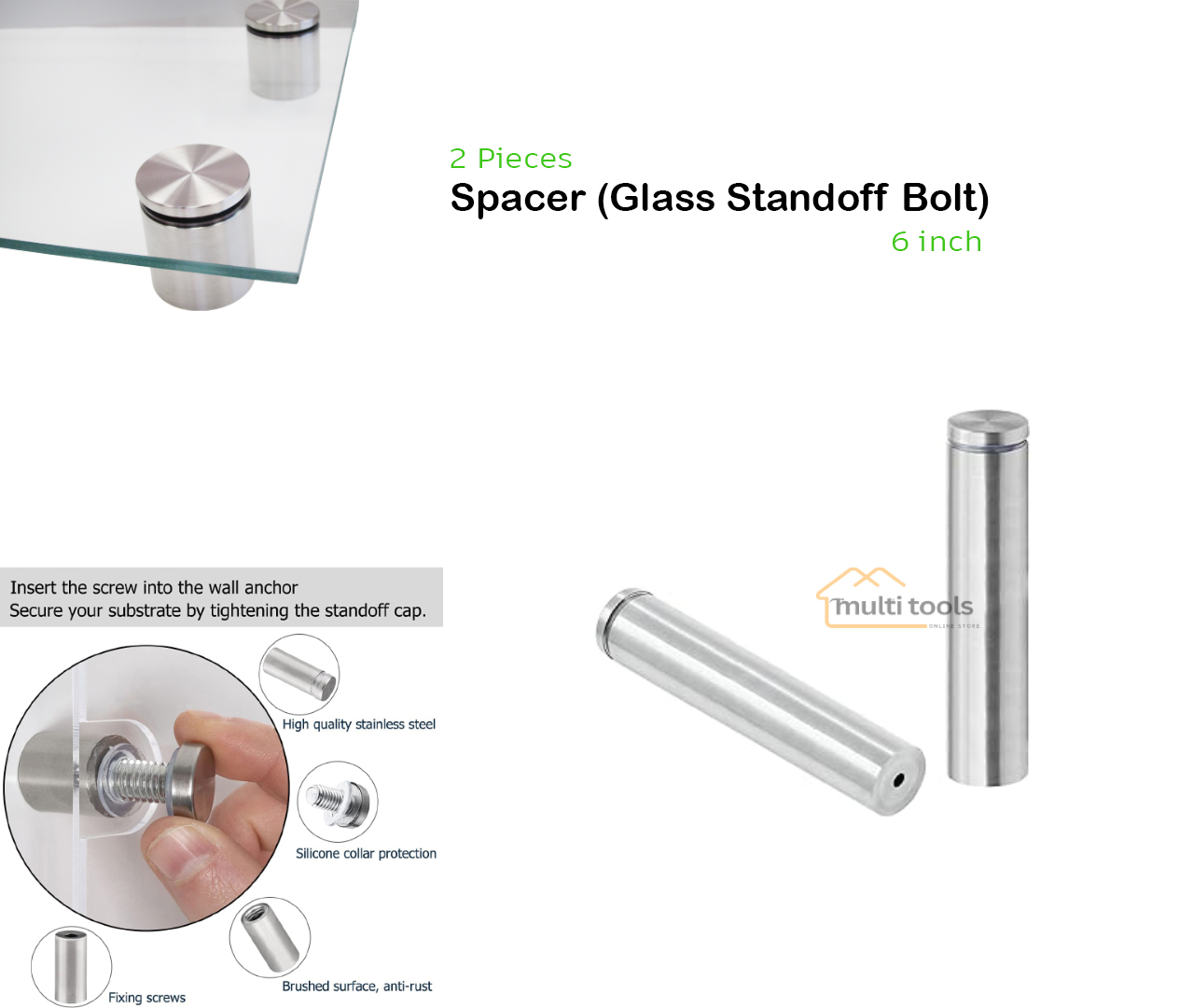 2 Pecs Spacer 6-Inch (Glass Standoff Bolt) 